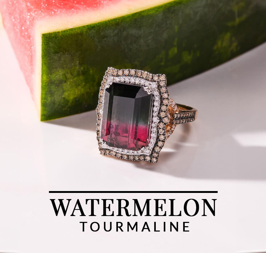 A vibrant Watermelon Tourmaline ring in 18K gold showcasing blended hues of pink and green, symbolizing wearable high art in Le Vian's Couture® collection.